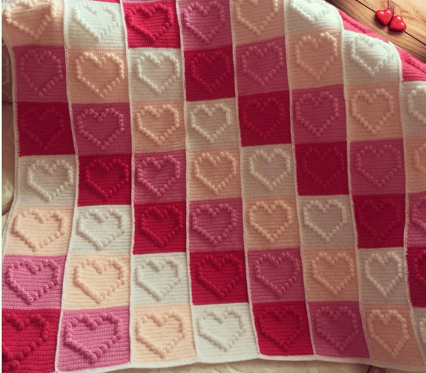 Heart Motifs Puff Stitch Blanket Crochet Pattern