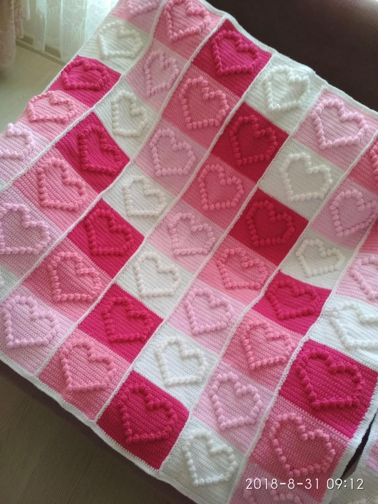Heart Motifs Puff Stitch Blanket Crochet Pattern