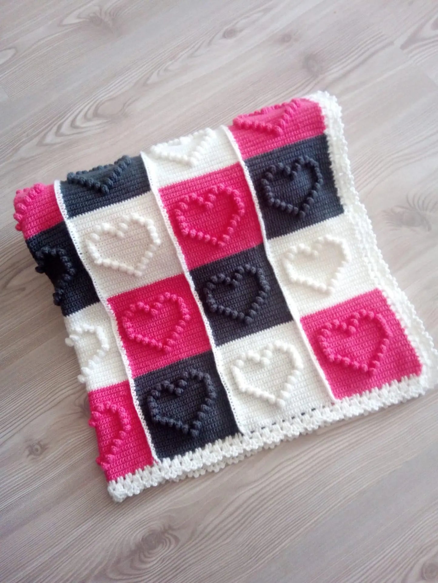 Heart Motifs Puff Stitch Blanket Crochet Pattern
