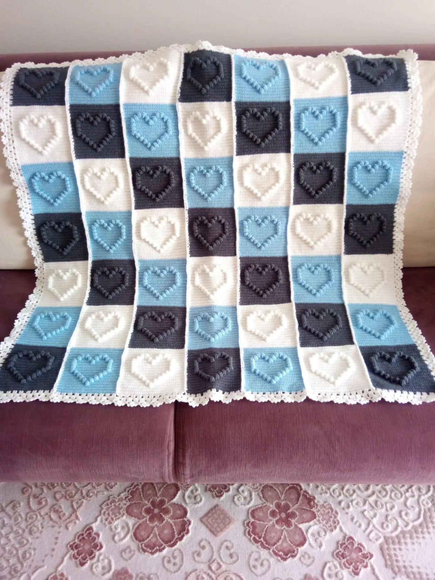 Heart Motifs Puff Stitch Blanket Crochet Pattern