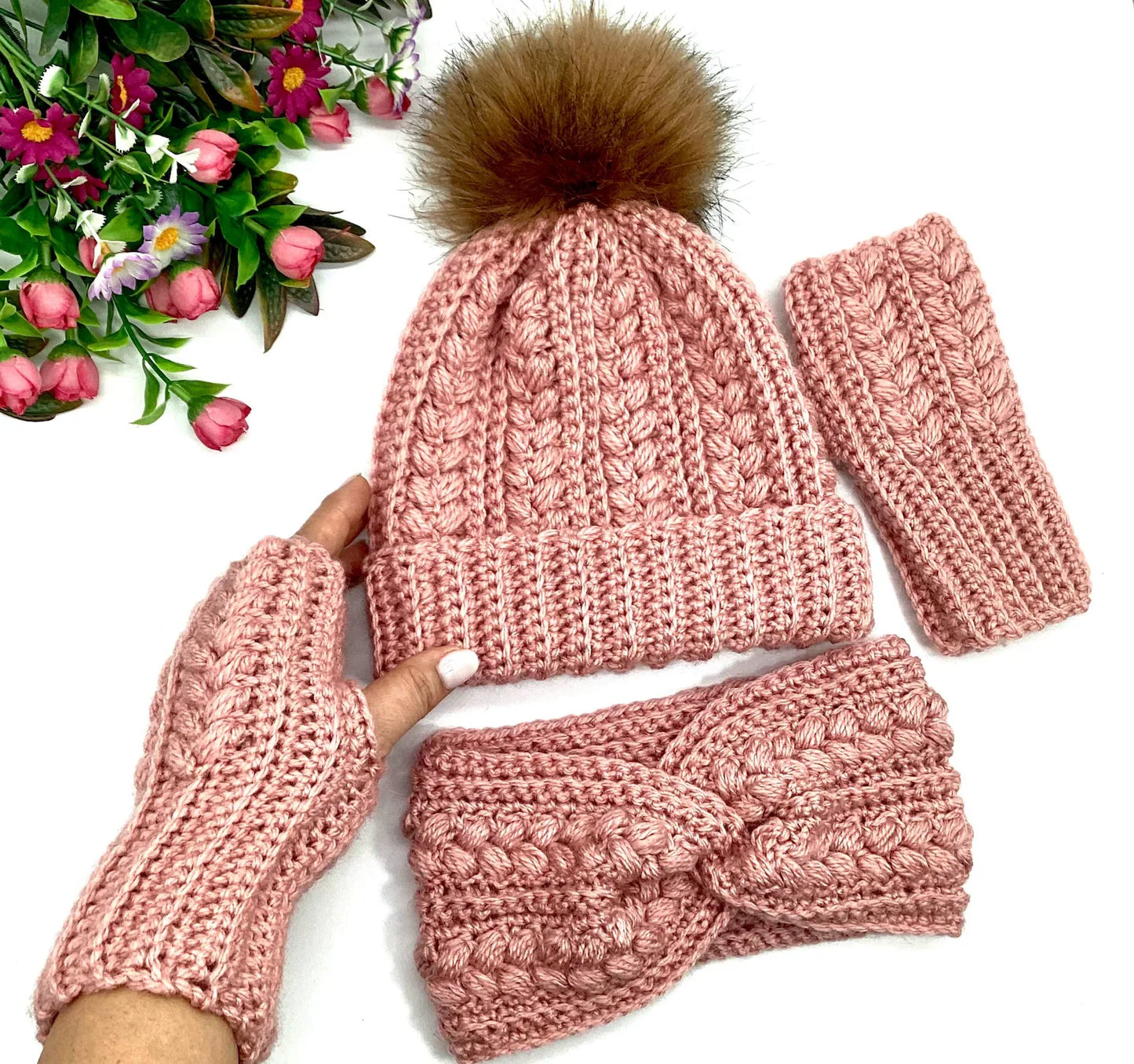 Beanie Fingerless Gloves and Ear Warmer Crochet Pattern