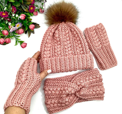 Beanie Fingerless Gloves and Ear Warmer Crochet Pattern