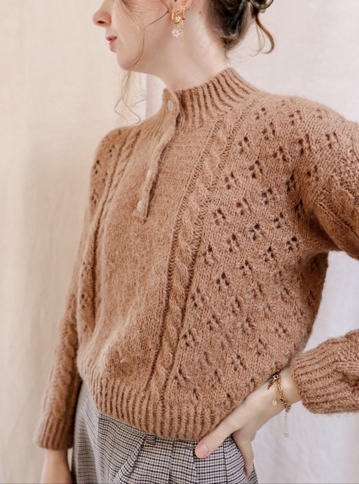 Cabled & Lace Henley Sweater Knitting Pattern