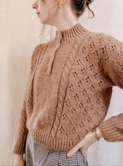 Cabled & Lace Henley Sweater Knitting Pattern