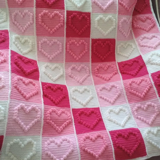 Heart Motifs Puff Stitch Blanket Crochet Pattern