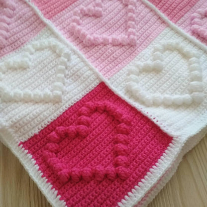 Heart Motifs Puff Stitch Blanket Crochet Pattern