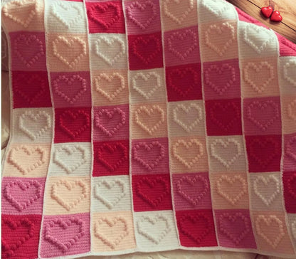 Heart Motifs Puff Stitch Blanket Crochet Pattern